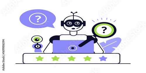 Friendly robot assistant with headset and laptop provides answers and support with a magnifying glass and question marks