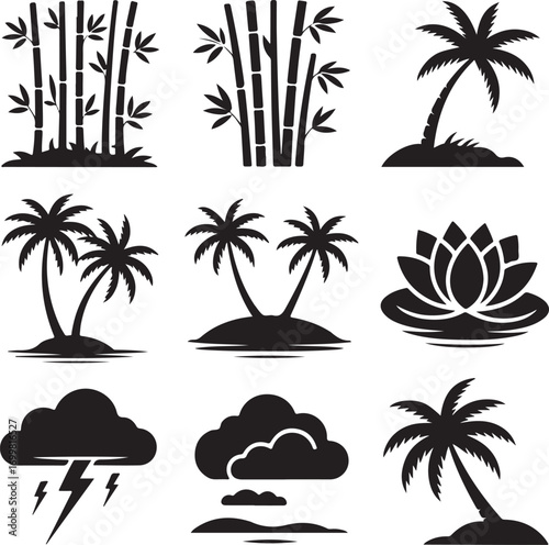 Tropical and weather silhouette icons with bamboo and lotus Keywords: bamboo, palm tree, island