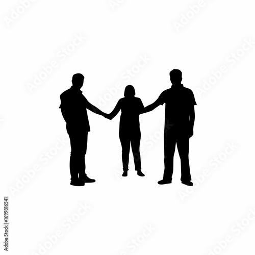 Silhouette of diverse people joining hands against corruption isolated on white background
