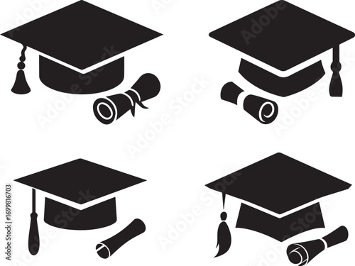 Four graduation caps and diplomas silhouette
