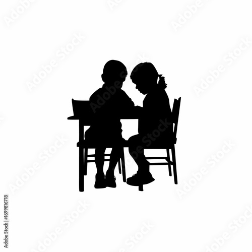 Silhouette of siblings doing homework together isolated on white background