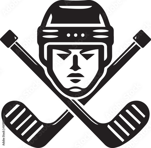 Hockey player face and crossed sticks silhouette