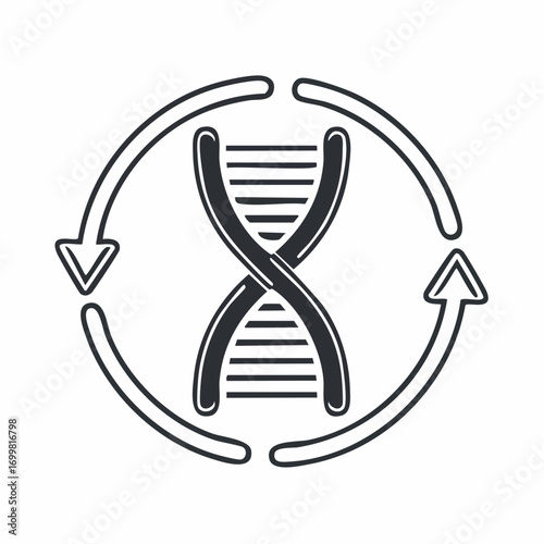 Dynamic DNA double helix encased in a cyclical arrow, representing genetic replication, continuous growth, and biological regeneration processes in science and medicine research