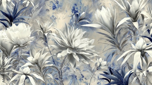 Soft floral art featuring white blossoms and indigo leaves against a cream and blue backdrop