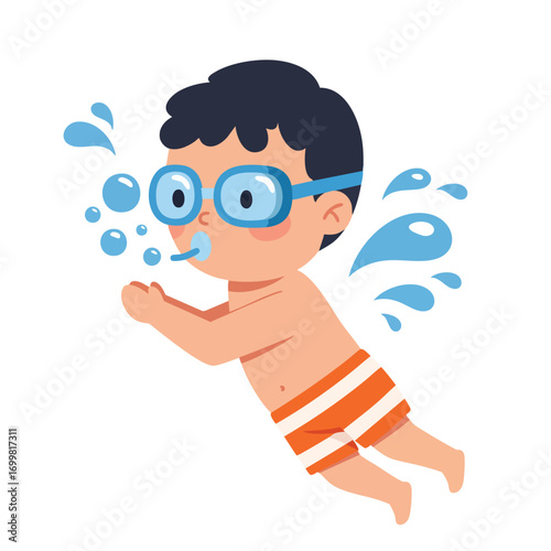 Funny cartoon superhero kid with glasses, a business idea character with a smiling face, and a funny boy illustration in the sea