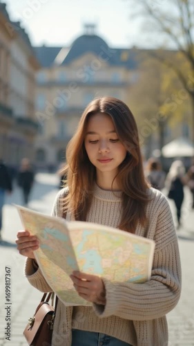 Young woman tourist using a paper map in a European city. cinematic footage traveller