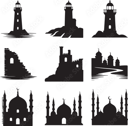 Lighthouse Castle and Mosque Silhouette Icons Collection ruins architecture