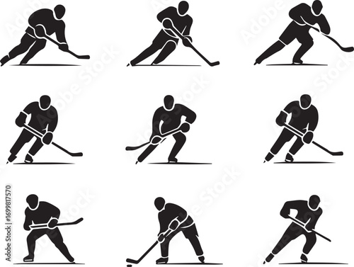 Collection of nine hockey player silhouettes in various action poses silhouette