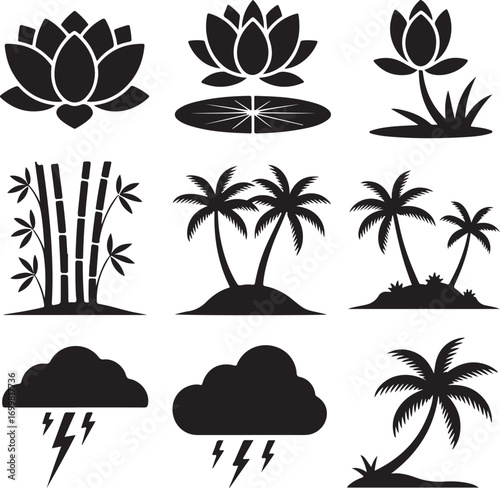 Lotus Bamboo Palm Tree and Storm Cloud Icons Silhouette lotus flower water lily