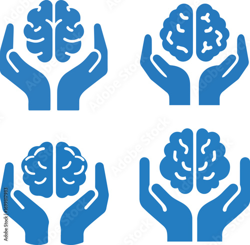 Four blue brain silhouette icons held in hands