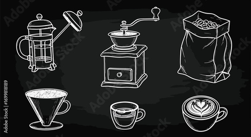 A collection of hand-drawn illustrations depicting various coffee-making tools and beverages on a dark background.