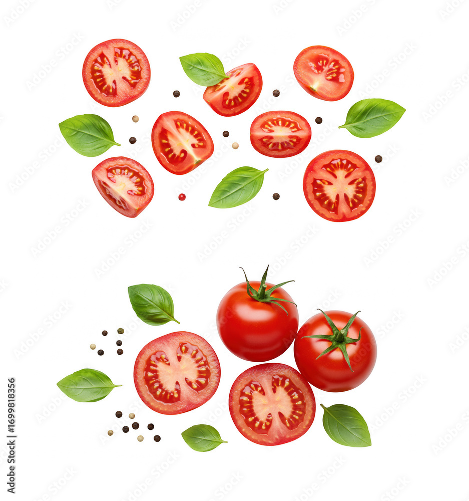 Naklejka premium Fresh tomatoes with basil and peppercorns isolated on transparent background