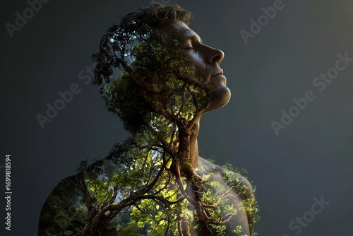 double exposure of male profile with tree branches symbolizing unity with nature breathing inner peace and ecological awareness