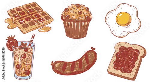 Breakfast food illustration featuring waffles, muffin, egg, drink, sausage, and toast.