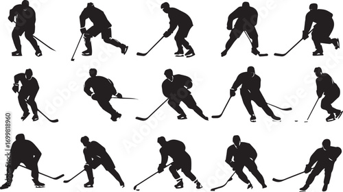 Collection of hockey player silhouettes in action silhouette