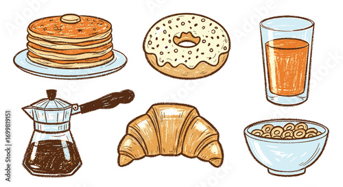 Breakfast foods: pancakes, donut, juice, coffee, croissant, and cereal in a cartoon style.