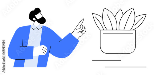 Person pointing at potted plant, representing growth, ideas, nature, or eco-friendly themes. Ideal for sustainability, education, creativity, teamwork mindfulness productivity personal