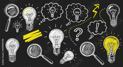 Hand-drawn light bulbs, magnifying glasses, and thought bubbles on a blackboard.