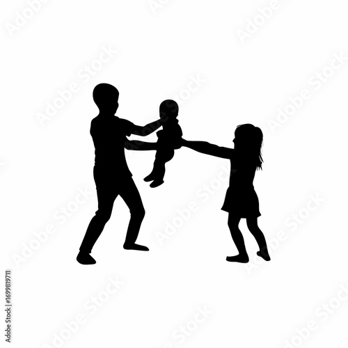 Silhouette of siblings fighting over a toy while parents mediate isolated on white background