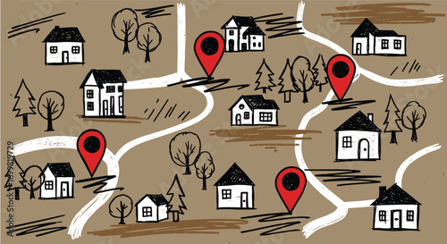 Hand-drawn map illustration showing a neighborhood with various houses, trees, winding roads, and red location pins indicating specific points of interest.