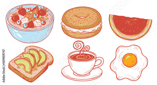 A colorful illustration of various breakfast foods, including oatmeal, bagel, watermelon, toast, coffee, and egg.