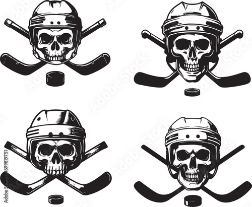 Four hockey skulls with crossed sticks and pucks silhouette