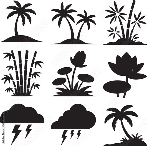 Collection of Tropical Plants and Storm Clouds Silhouettes Keywords: palm tree, coconut tree