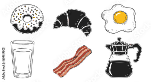 A collection of breakfast items including a donut, croissant, fried egg, glass of milk, bacon, and coffee pot.