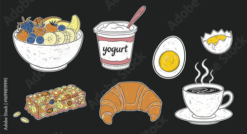 Collection of breakfast food items including yogurt, granola, fruit, eggs, croissants, and coffee.