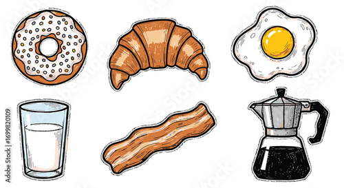 A collection of hand-drawn breakfast items including a donut, croissant, fried egg, milk, bacon, and coffee pot.