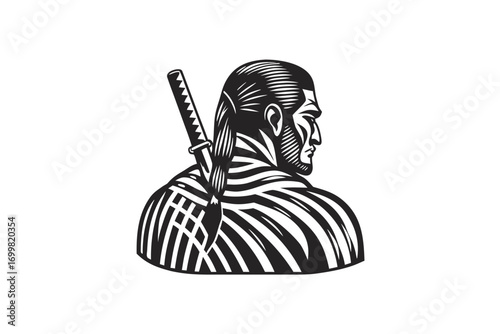 Profile of Determined Samurai with Sword on White Background Isolated