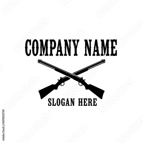 A vintage-style black and white logo featuring two crossed antique rifles, with placeholder text for "COMPANY NAME" above and "SLOGAN HERE" below, evoking a ...