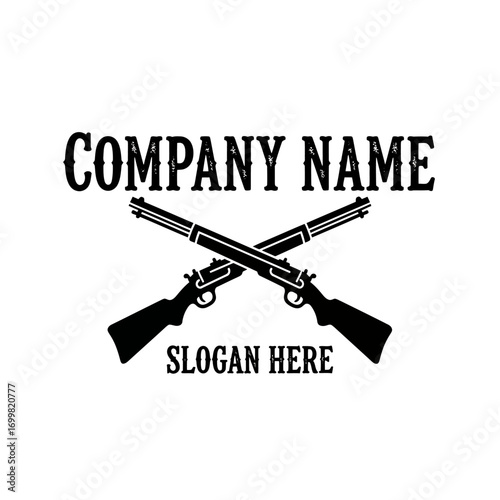 Two crossed rifles are displayed in black silhouette, with "Company Name" above and "Slogan Here" below, all in a decorative font.