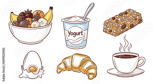 Collection of breakfast items including fruit bowl, yogurt cup, granola bar, egg, croissant, and coffee cup.