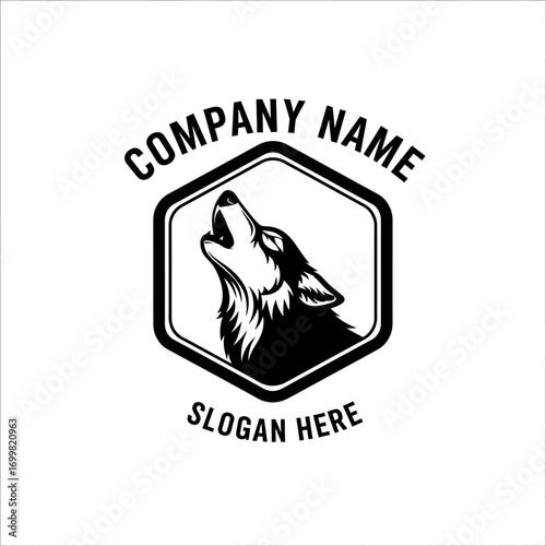 A howling wolf logo design, black and white, hexagonal frame.