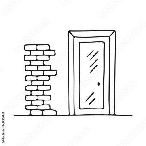 An illustration of brick wall next to a door