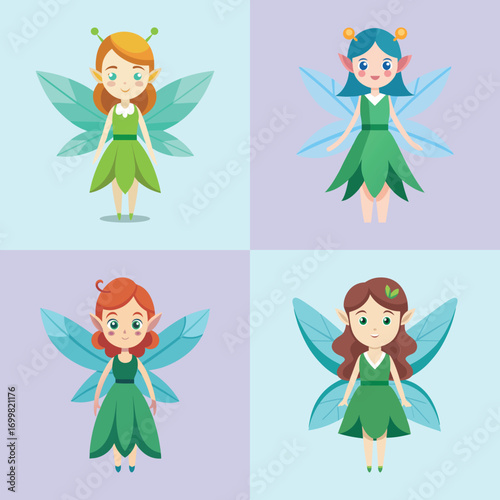 Charming Cartoon Fairies:  Four Diverse Designs, Whimsical Style, Pastel Backgrounds,  Perfect for Children's Products.