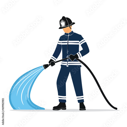 Firefighter in uniform holding a hose and spraying water, isolated on white background.