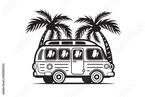 Retro Campervan with Palm Trees on White Background for Summer Trip Art