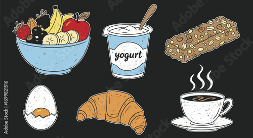 Assorted breakfast food items including fruit, yogurt, granola bar, egg, croissant and coffee.