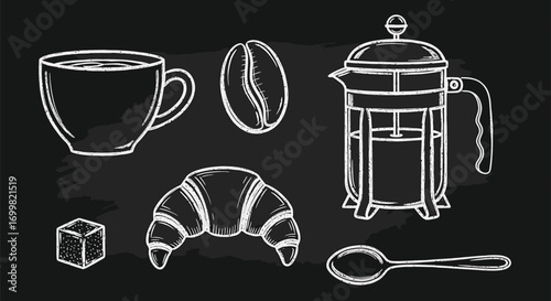 Vintage coffee illustration set, including coffee cup, coffee beans, french press, croissant, sugar cube, and spoon, on a chalkboard background.