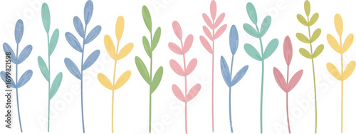 Abstract pastel colored plant stems with delicate leaves illustration.