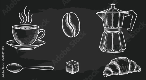Vintage coffee illustration set, featuring coffee cup, coffee beans, moka pot, sugar cube, and croissant.