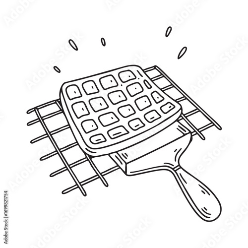 An illustration of waffle on a wire cooling rack with a spatula