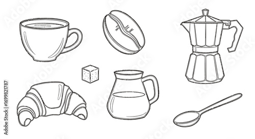 Black and white illustration of coffee-related items, including a cup and croissant.