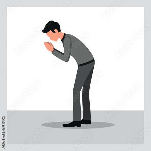 A man in a grey suit performs a deep bow, showing respect or apology.