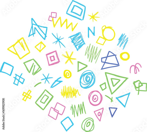 Colorful Geometric Shapes and Scribbles on White Background.