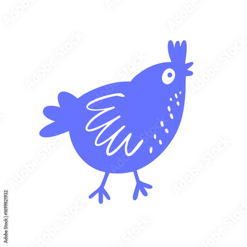 Bird farm chicken or rooster icon. Hand drawn vector art illustration blue color