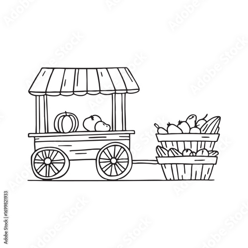 An illustration of wagon beside a market stall with baskets of vegetables