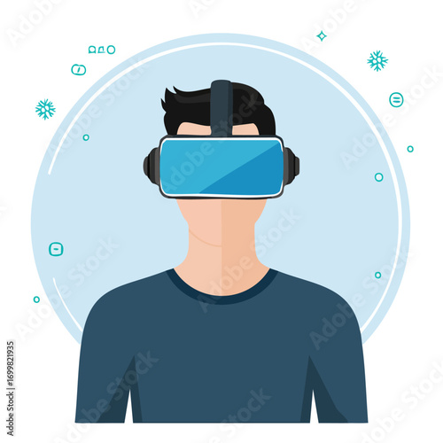 A person wearing a virtual reality headset, immersed in a digital experience, with a light blue background.